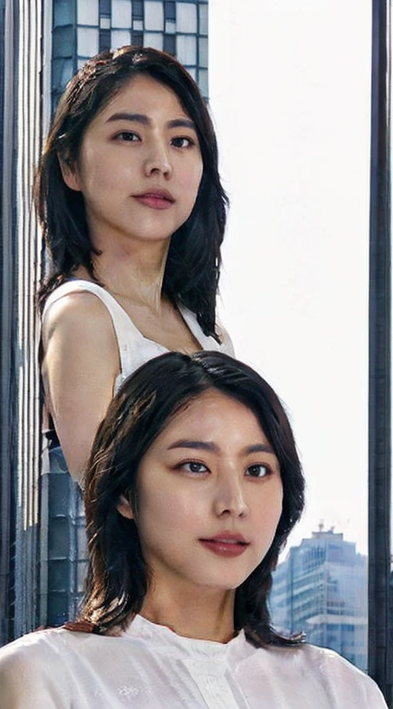 ((Midnight, Best quality, 8k, Masterpiece :1.3)), Whole body, Long legs, Sharp focus :1.2, A pretty woman with perfect figure :1.4, Slender abs :1.1, ((Dark brown hair, Big breasts :1.2)), (White tight tshirt, Jean bib, Standing:1.2), ((Night city view, Rooftop:1.3)), Highly detailed face and skin texture, Detailed eyes, Double eyelid, sunset, darken, backlit, off shoulder