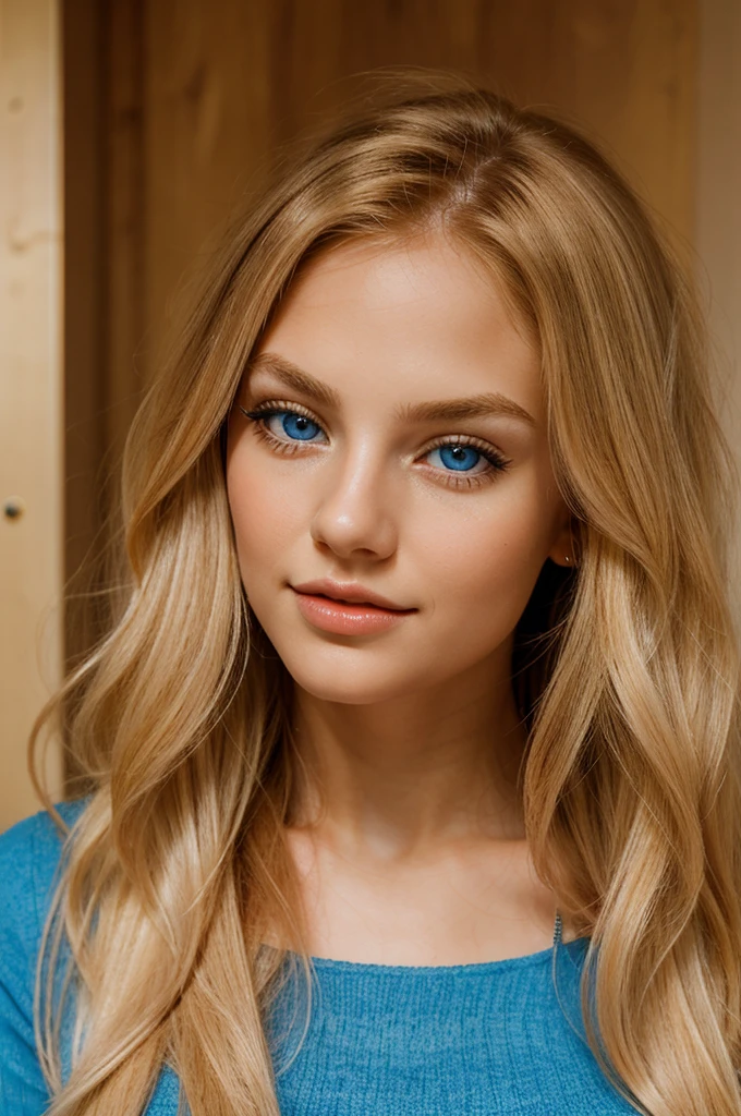 a beautiful young woman with long, straight golden blonde hair, fair skin with a warm undertone, rose-colored lips, and bright blue eyes with long, thick lashes