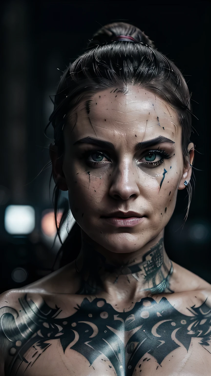 (best quality, hyperdetailed photography:1.2), beautiful lady, scar's face, tattoos breast,(muscular body:1.1),,dark makeup, dystopian warrior,,,, ponytail,badass woman,,,,(massive perfect breast:1.0),head and breast portrait, (cinematic shot:1.5), (movie photography:1.2), cinematic lights,, naked breast,(ultra detailed skin texture:1.3)