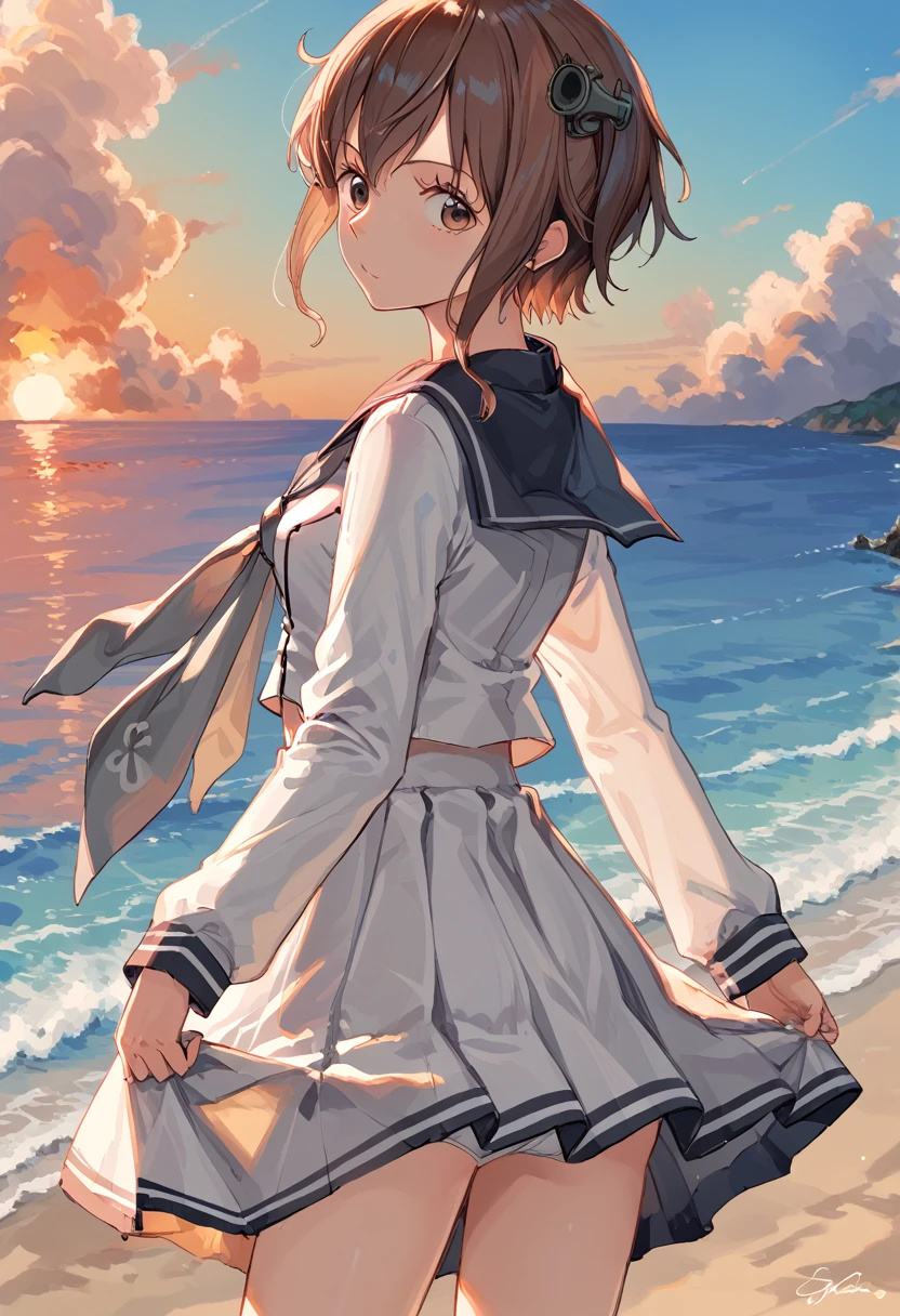 score_9,score_8_up,score_7_up,source_anime,cowboy shot,masterpiece,best quality,details background,extremely detailed,1girl,1girl,yukikaze (kancolle), brown hair, brown eyes,small breasts,short hair, sailor dress,dress,sailor collar,long sleeves,neckerchief,grey neckerchief,white dress,black sailor collar,day break,look back,sea,((clothes one piece))