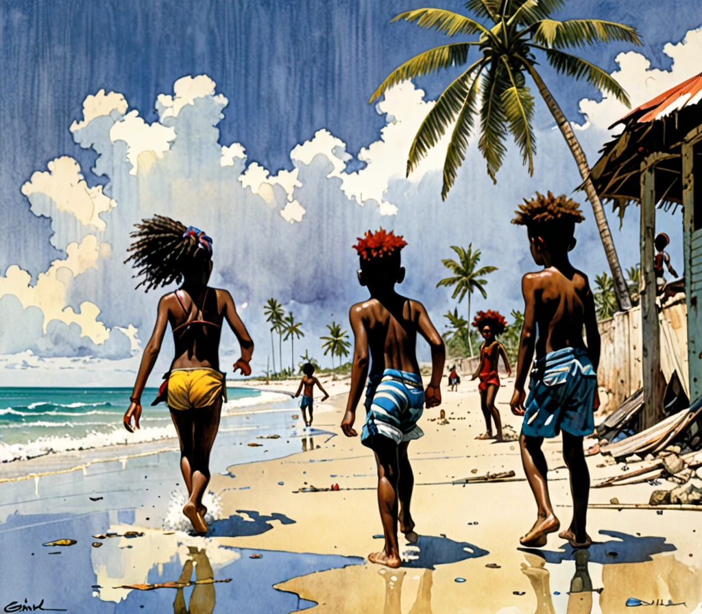 Enki Bilal ilustration style, kids playing on the beaches of Cuba