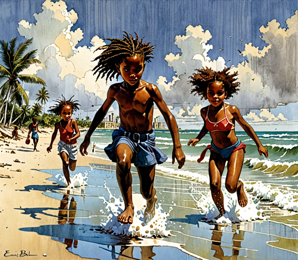 Enki Bilal ilustration style, kids playing on the beaches of Cuba