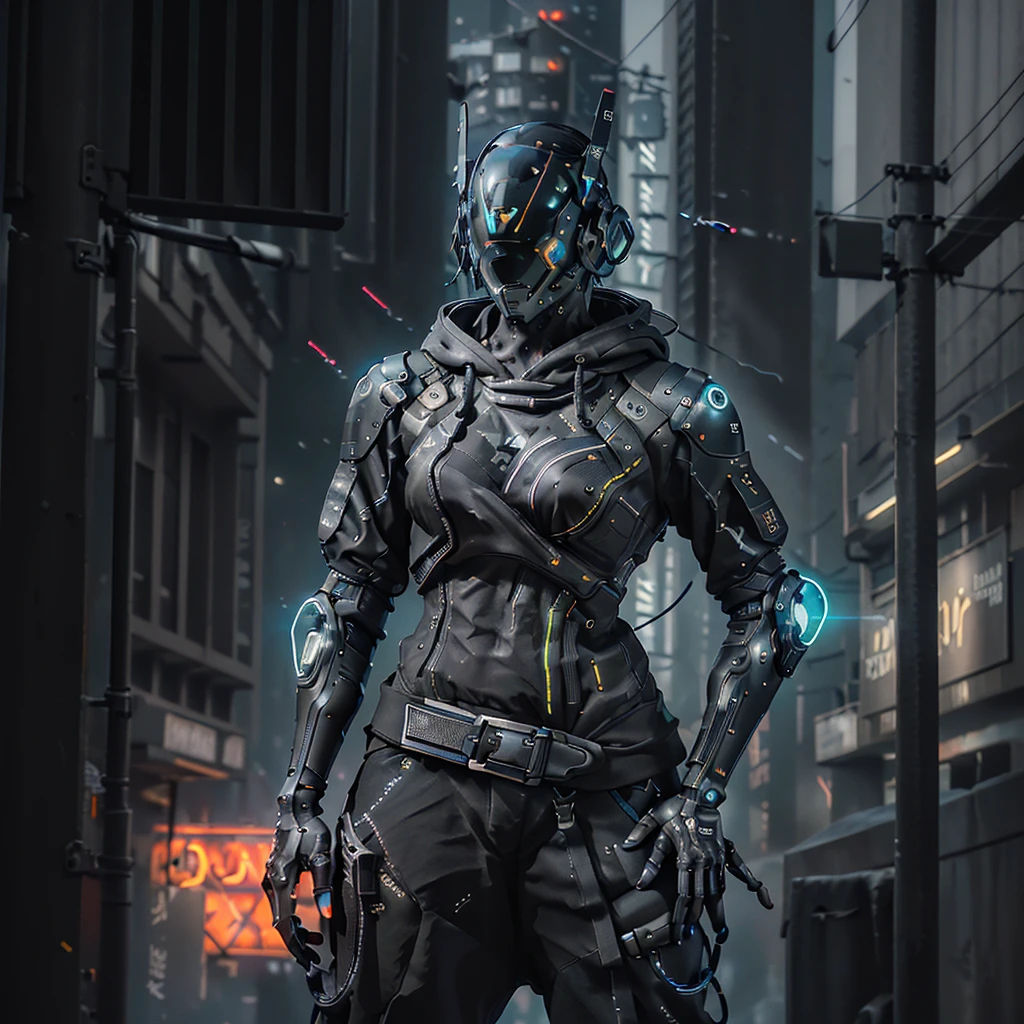 (masterpiece, Intricate raw photography, 8K, Hi-Res, UltraSharp) Cyberpunk citizen, slim extra asymmetrical black hoodie, black cargo pants, black, dark clothing, tactical gloves, she is wearing a futuristic black high-tech cyber helmet, shiny, something similar a daftpunk, very intricate, Small LED details, Advanced technology closed helmet, dark atmosphere, dramatic, light and shadow, ((Kinematic, Black neon,)) action film, sharpness, neon-noir modern city, street neon lights, dark street , night, Insta photo, Photo of the Year, Epic resolution, Epic Quality, Epic sharpness, Intricate epic, urban techwear, Reelmech, (close up)