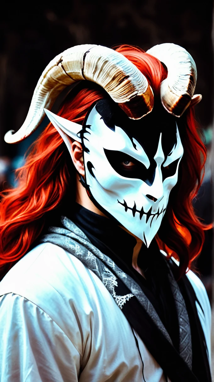 ((demon)), (((male))), male demon, ((scary demon), (((wearing a scary white mask))), blood, (((ram curved horns))), long wavy red hair, (((slavic black full clothes))), medieval scarf, monster claws, animal legs, snake tail, solo, looking at viewer, sumi-e, masterpiece,best quality,extremely detailed,fine details,official art,unity 8k wallpaper,4K,8K,UHD, antiBlur,photography, abstract background, (upper body:1.5)