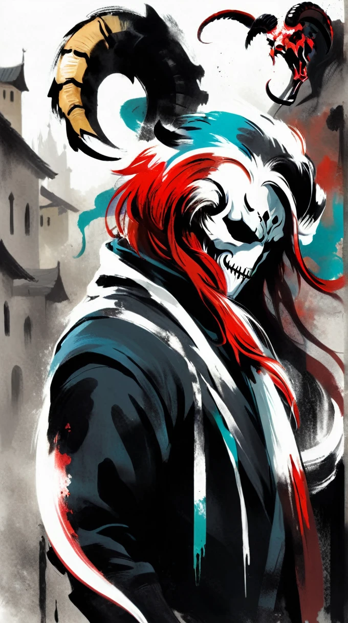 ((demon)), (((male))), male demon, ((scary demon), (((wearing a scary white mask))), blood, (((ram curved horns))), long wavy red hair, (((slavic black full clothes))), medieval scarf, monster claws, animal legs, snake tail, solo, looking at viewer,  sumi-e, masterpiece,best quality,extremely detailed,fine details,official art,unity 8k wallpaper,4K,8K,UHD, antiBlur,photography, abstract background, (upper body:1.5)