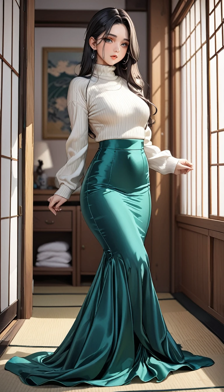 (masterpiece,highest quality,超A high resolution),Japanese women, (((Very beautiful 25 year old girl))),Long sleeve sweater、((A mermaid-style high-waisted long skirt made of satin))、The length of the skirt is up to the ankle、