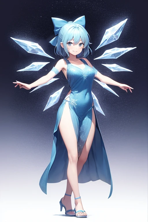 1girl, Touhou, Cirno, blue eyes, Blue hair, smiling expresion, playful, cute, dancing, ice land background, frozen frogs, full body, wide shot, alternate costume, Reimu Hakurei clothes