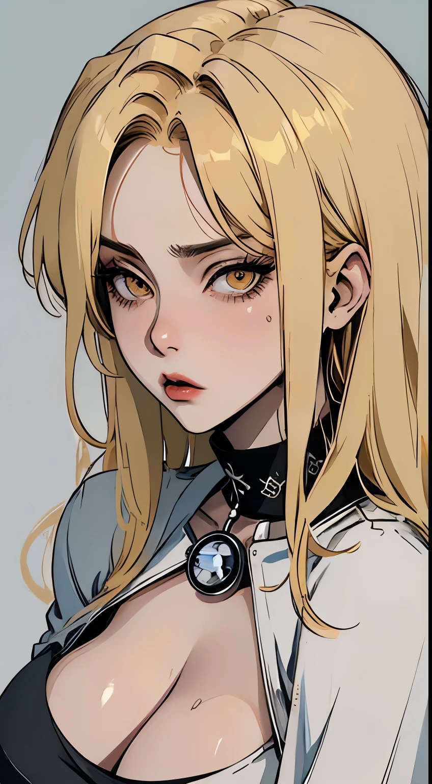 1 milf gothic girl, (dark atmosphere), (highly detailed skin),, cleavage,((old Japanese style)) ,8k quality, ultra sharp, ultra realistic detailed, yellow eyes, blonde hair,, white hanfu ,((large snoopy breast))