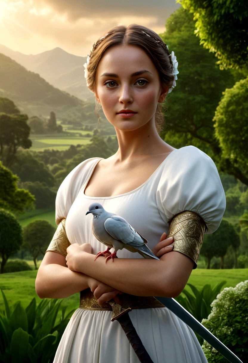 a woman holding a sword in her hand, a dove sitting on her hand, lush green landscape, highly symmetrical, (best quality,4k,8k,highres,masterpiece:1.2),ultra-detailed,(realistic,photorealistic,photo-realistic:1.37),detailed face and eyes, elegant pose, peaceful expression, dramatic lighting, serene atmosphere, natural setting, cinematic composition