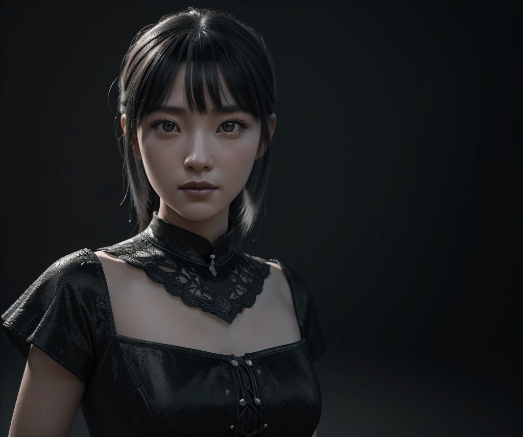 a mongolian princess girl,bangs black hair,standing,looking at to the viewer,(Very Detailed: 1.3),ultra realistic,HDR,(High Dynamic Range),ray tracing,nvidia RTX,super resolution,unreal 5,subsurface scattering,PBR texture,post-processing,anisotropic filtering,depth of field,maximum sharpness and sharpness,multi-layer texture,specular and albedo mapping,surface shading,perfect proportions,octane rendering,duotone lighting,low ISO,white balance,8K RAW,(((1GIRL))),(((wearing black dress))),sad face,(((gray background))),masterpiece,best quality