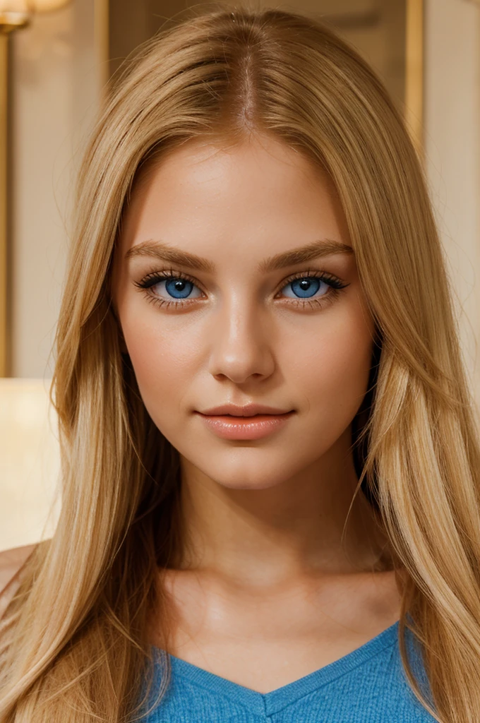 a beautiful young woman with long, straight golden blonde hair, fair skin with a warm undertone, rose lips, and bright blue eyes with long, thick lashes