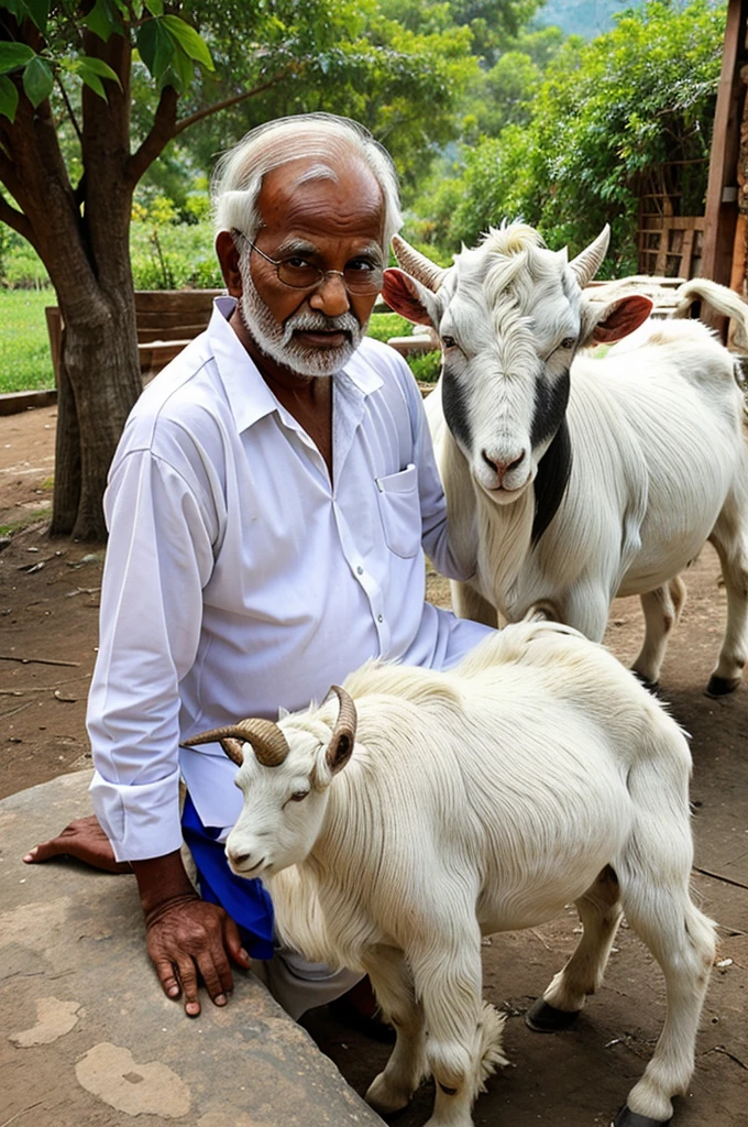 One Indian old man love white goats in peaceful place