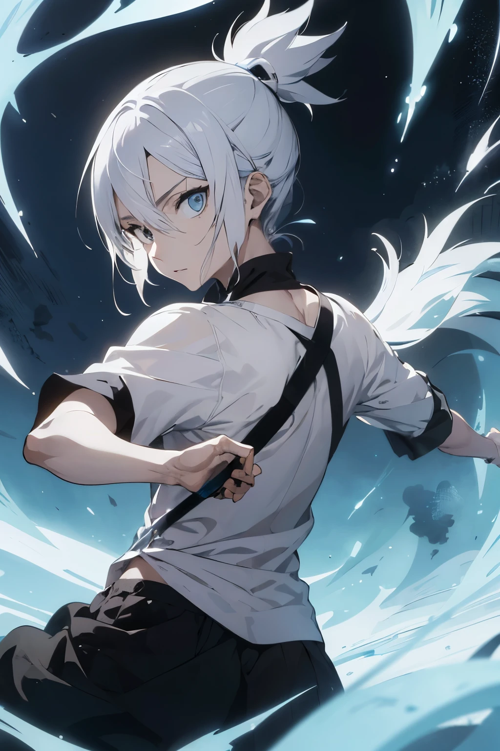 Crie uma imagem de um personagem inspirirado no hitsugaya de bleach (olhos azuis) sem espada, receiving a healing on your arm from someone else 