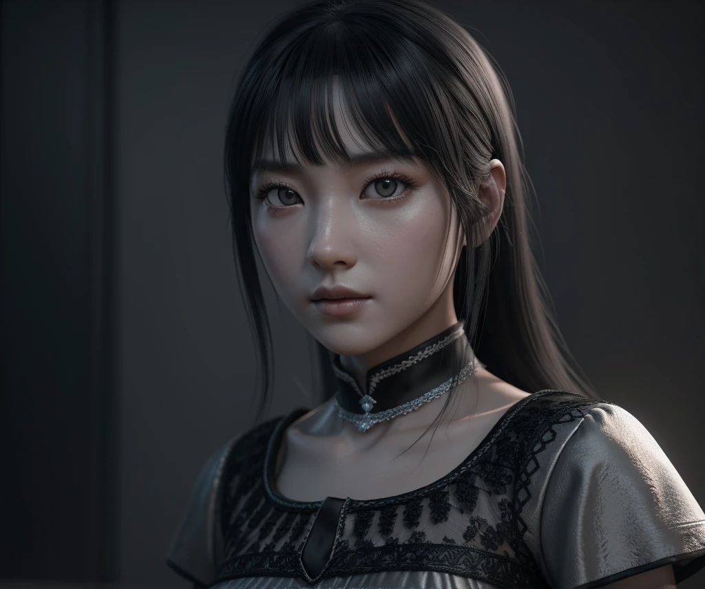 a mongolian princess girl,bangs black hair,standing,looking at to viewer,(Very Detailed: 1.3),ultra realistic,HDR,(High Dynamic Range),ray tracing,nvidia RTX,super resolution,unreal 5,subsurface scattering,PBR texture,post-processing,anisotropic filtering,depth of field,maximum sharpness and sharpness,multi-layer texture,specular and albedo mapping,surface shading,perfect proportions,octane rendering,duotone lighting,low ISO,white balance,8K RAW,(((1GIRL))),(((wearing black princess dress))),sad face,(((rendering in gray background))),masterpiece,best quality