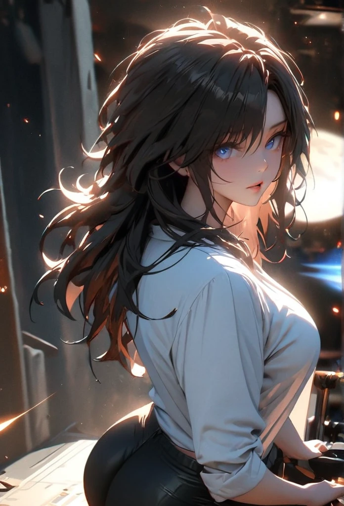 (solo), black hair, messy hair, mane hair, medium hair, dense hair, wild hair, expressive hair, mature,(25 year old), pale skin, blue eyes, ((Female)), beatiful girl, wearing a white shirt, open shirt, tight clothes, long black pants, rolled up sleeves, beautiful, attractive, large breast, big ass, eye reflection, depth of field, thunder aura, cinematic lighting, ray tracing, depth of field, cinematic lighting, ray tracing, UHD, high details, best quality, highres, high quality, award winning, super detail, masterpiece, 8k, UHD, high details, best quality, highres, high quality, award winning, super detail, masterpiece, 8k, digital art, anime coloring, body shot, good face, perfect face, detailed face, good eyes. Space and planets background