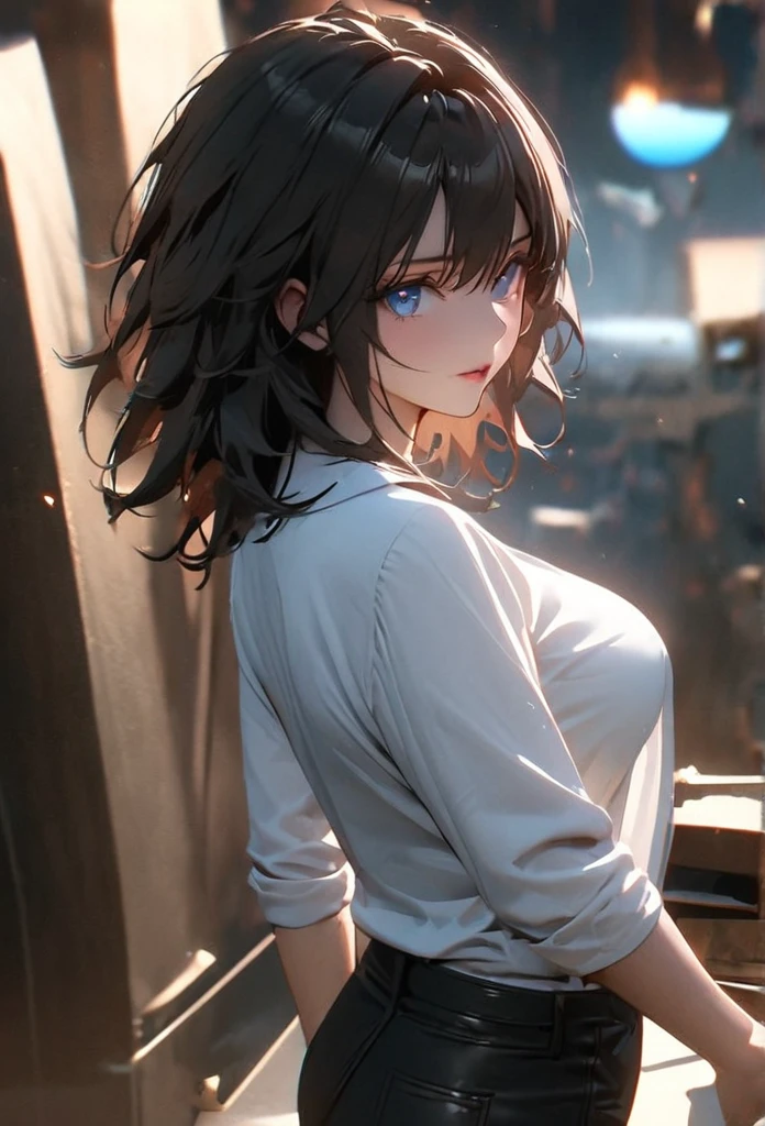 (solo), black hair, messy hair, mane hair, medium hair, dense hair, wild hair, expressive hair, mature,(25 year old), pale skin, blue eyes, ((Female)), beatiful girl, wearing a white shirt, open shirt, tight clothes, long black pants, rolled up sleeves, beautiful, attractive, large breast, big ass, eye reflection, depth of field, thunder aura, cinematic lighting, ray tracing, depth of field, cinematic lighting, ray tracing, UHD, high details, best quality, highres, high quality, award winning, super detail, masterpiece, 8k, UHD, high details, best quality, highres, high quality, award winning, super detail, masterpiece, 8k, digital art, anime coloring, body shot, good face, perfect face, detailed face, good eyes. Space and planets background