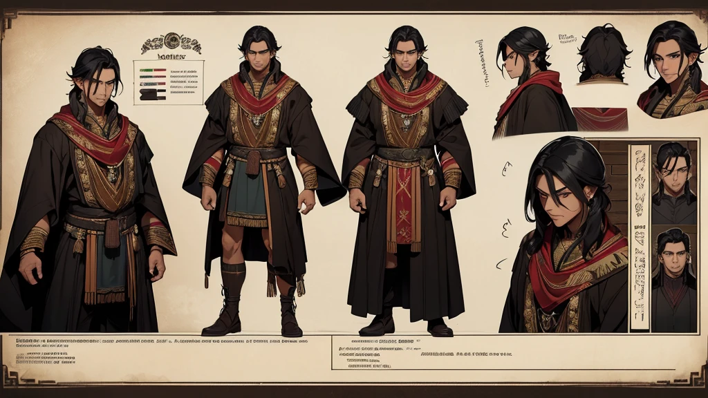 He is an adult indigenous man with Mexican features, and sun-kissed brown skin. His short black hair contrasts with his intense, expressive dark eyes. High, well-defined cheekbones complement his sharply contoured face. His pointed ears add a unique and distinctive detail to his appearance. He exudes a strong, serene presence, deeply connected to his cultural roots, Full body, master piece, character sheet, character sheet, character sheet.