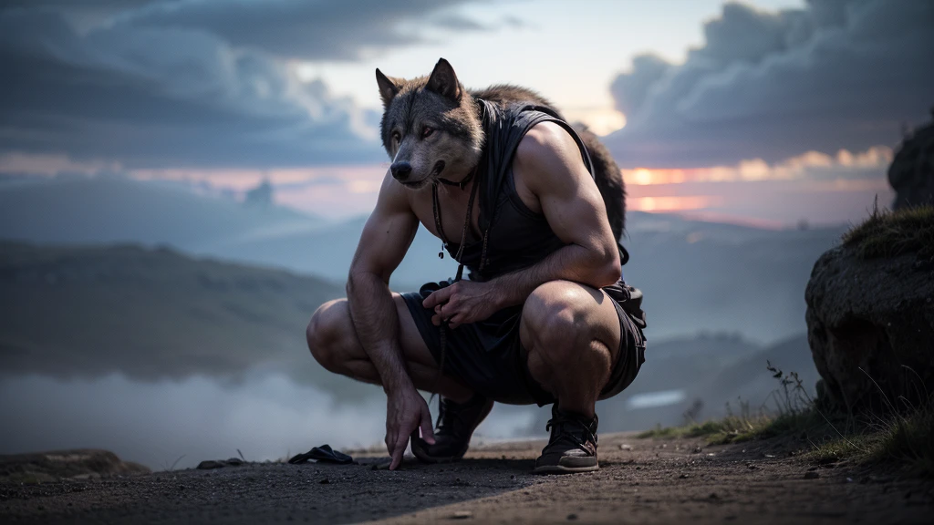 (YES SFW), A dirty man desperately needs to relieve himself、(he wears a veil and a rag, ropes around waist, hair on shoulders), (Correct anatomy of the fingers)、（Draw hands and feet separately)、very beautiful、Ideal proportions、small breasts、Very stylish、barefoot、(in sassi_di_matera off end road:1.37)、(((neat man, Bright-eyed excitement, Pained expression, blush, half-closed eyes, go away from me, drive away viewer, i don't want you))), kneeling down, spread the legs apart, (Squat with your legs wide apart:1.37), hand on knees、(Place your hands on your knees)、(Anguished expression:1.4)、looking at the camera、
Color palette harmonious 、 Sublime anger、aesthetic Perfection、aggressive eyes、filth pure、Features flawless 、 nightmare、sophisticated Style、timeless Elegance、excellent details、exquisite craftsmanship、meticulous attention to detail、Proportions sublime、artistic Excellence、living work of art、otherworldly charm、Setting of a fairytale、Look unforgettable、majestic Presence、natural body,

Smoke and clouds roil around warrior, adding to the sense of epic scale and drama.

The lighting is dark, gloomy, realistic, creating a tense and ominous atmosphere. 
The perspective is from below, emphasizing the sheer majesty and power of the drahthaar warrior wolf. 

The character is surrounded by mist, 
evoking a mysterious and eerie atmosphere.
The lighting is dark and atmospheric, 
with a red smoke adding a touch of sinister ambiance.
The image is of the best quality, 
with a resolution of 4k and HDR enhancement, 
showcasing the utmost level of detail and realism, 
sfw, 
full body shot.
