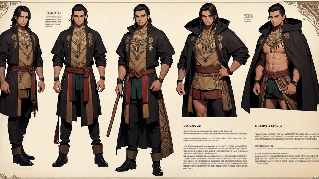 He is an adult indigenous man with Mexican features, and sun-kissed brown skin. His short black hair contrasts with his intense, expressive dark eyes. High, well-defined cheekbones complement his sharply contoured face. His pointed ears add a unique and distinctive detail to his appearance. He exudes a strong, serene presence, deeply connected to his cultural roots, Full body, master piece, character sheet, character sheet, character sheet.