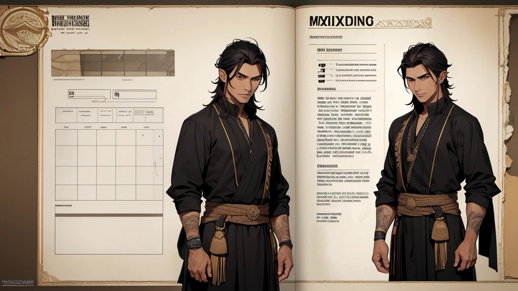 He is an adult indigenous man with Mexican features, and sun-kissed brown skin. His short black hair contrasts with his intense, expressive dark eyes. High, well-defined cheekbones complement his sharply contoured face. His pointed ears add a unique and distinctive detail to his appearance. He exudes a strong, serene presence, deeply connected to his cultural roots, Full body, master piece, character sheet, character sheet, character sheet.