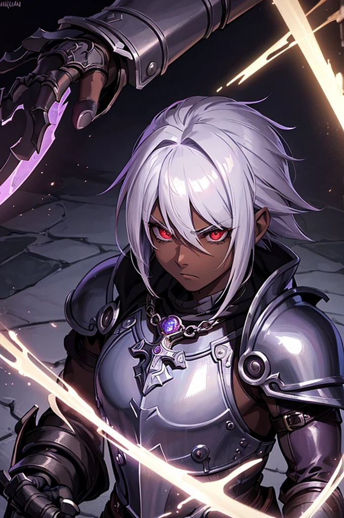 ((best quality)), ((masterpiece)), (detailed), ((boy)), (mix between steampunk and dungeonpunk), drow, upper body, portrait, red eyes, long white hair, Xemnas from Kingdom Hearts, half-drow, dark skinned, (full knight armor), paladin, serious face, dramatic lighting, dungeons and dragons character, purple theme, bronze and black armor