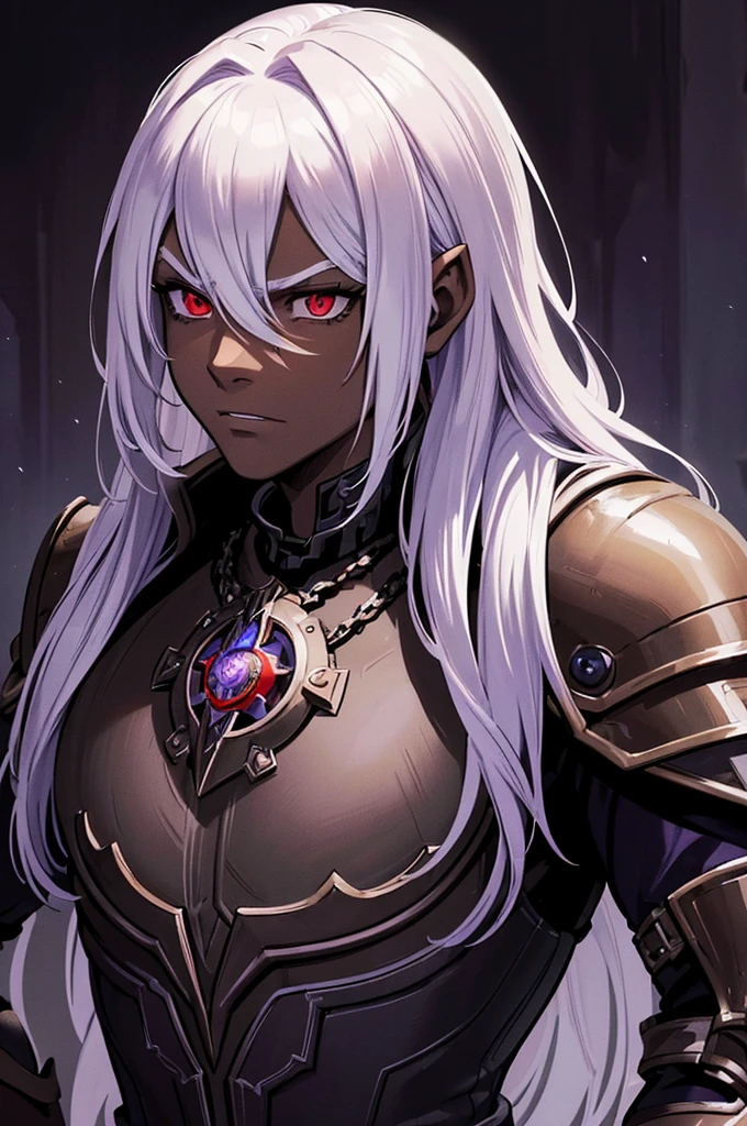 ((best quality)), ((masterpiece)), (detailed), ((boy)), (mix between steampunk and dungeonpunk), drow, upper body, portrait, red eyes, long white hair, Xemnas from Kingdom Hearts, half-drow, dark skinned, (full knight armor), paladin, serious face, dramatic lighting, dungeons and dragons character, purple theme, bronze and black armor