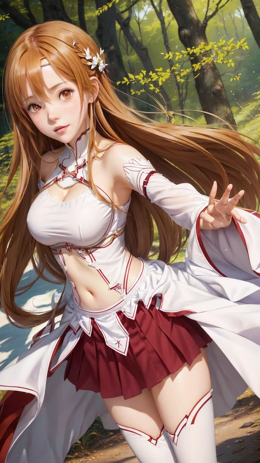 anime girl in a short skirt and white shirt posing in the woods, asuna yuuki, asuna from sao, anime goddess, photo of asuna from sao, cushart krenz key art feminine, zerochan art, detailed key anime art, marin kitagawa fanart, high detailed official artwork, official art, rias gremory, ayaka genshin impact