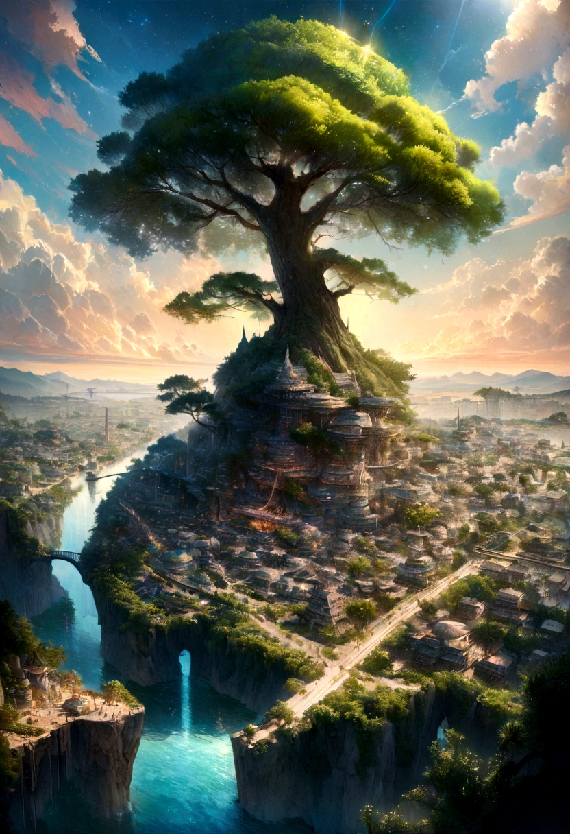 Ultra-realistic illustrations, Otherworldly, Floating city in the sky,Very detailed and magical lighting, Surrounding vegetation and river, Sunny Punk, landscape, A beautiful deciduous tree with beautiful lighting and realistic proportions, Like a movie background, 8k, Highest quality, masterpiece, Sky with clouds and stars.