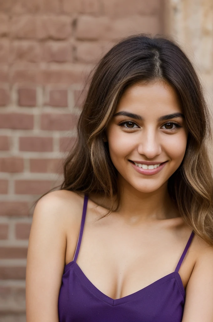 24YO,one attractive Jordanian women, purple shirt, cute smile, cute face, white teethes, skinny face, light brown eyes, small nose, black/blonde long hair
