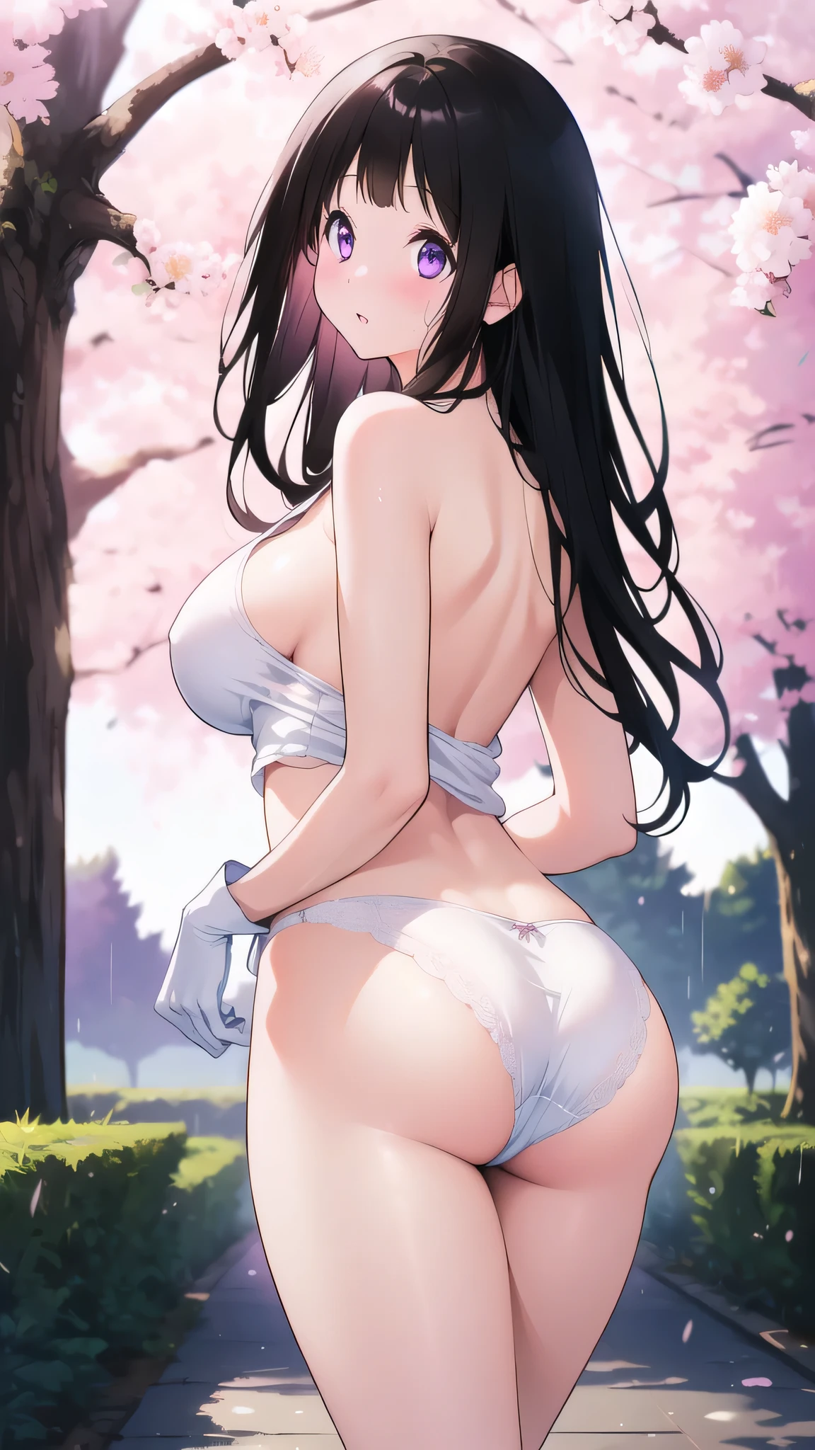 Amazing Chitanda, There is only one beautiful girl,Purple Eyes, Black Hair, Very red face,Very white skin,Glowing skin,Skin as delicate as porcelain,Naturally straight hair, Straight bangs,Extremely refined,Open lips,Long flowing hair,Beautiful Girl, Like a dream,Slim,Slim waist,Soft, (Sensual), (Kawaii), Dream quality,Beautiful big breasts,Areola,Completely naked,White gloves,Flower decoration,Deep V neckline,Loose neckline,Wide neckline,Walking in school,Place your hands on your inner thighs,Sweaty and sweaty,Underwear Rain,Next to the cherry blossom trees,Back to,Lean over,Hips,Side body,Gluteal groove,Completely naked buttocks,Bare back,Completely naked back,Light transmission,no pants,pussy juice,Bare shoulders,Bare neck,Exposed collarbone,Exposing breasts,Exposing breasts side,Exposing breasts,Show your waist,Show your buttocks,Show your thighs,Exposing the groin,No pants,extremely shy,Ultra-high resolution, (masterpiece:1.2, best quality), (Delicate and beautiful eyes: 1.2), (Beautiful and delicate face)