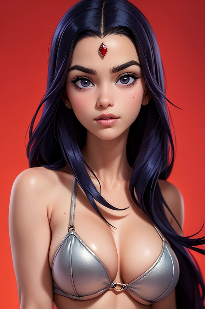 A mid shot of Raven, Teen Titans Raven, slender slim body, skinny waist, arched back, pale grey skin, red gemstone in the centre of her forehead, looking at viewer, seductive, (realistic), (masterpiece), (highly detailed face), thick eyebrows, big juicy purple lips, lip filler, cheekbones, defined face, sharp nose, attractive