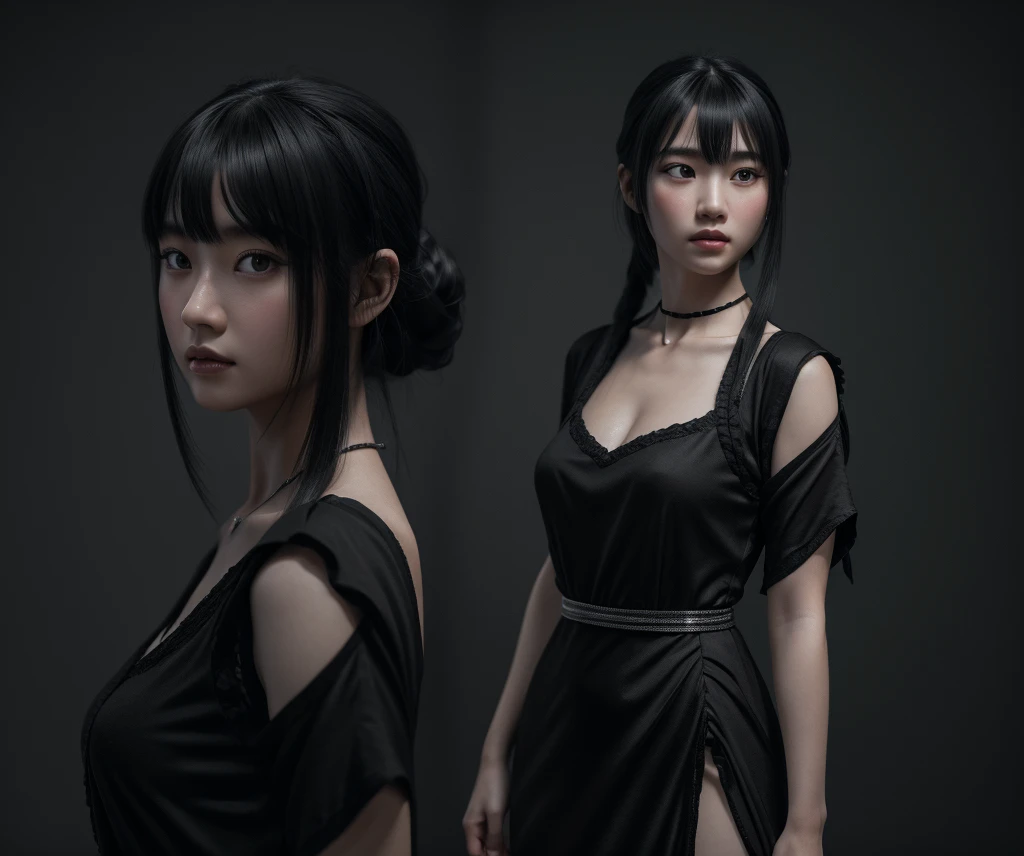 a mongolian princess girl,bangs black hair,standing,looking at to the viewer,(Very Detailed: 1.3),ultra realistic,HDR,(High Dynamic Range),ray tracing,nvidia RTX,super resolution,unreal 5,subsurface scattering,PBR texture,post-processing,anisotropic filtering,depth of field,maximum sharpness and sharpness,multi-layer texture,specular and albedo mapping,surface shading,perfect proportions,octane rendering,duotone lighting,low ISO,white balance,8K RAW,(((1GIRL))),(((wearing black dress))),sad face,(((gray background))),masterpiece,best quality