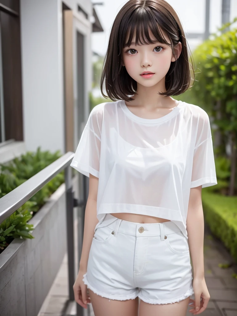 highest quality,Photo quality,Ultra-high resolution,Professional Lighting,,Beautiful face like an actress,With bangs,Sexy shorts:1.2、Amazingly cute、The white T-shirt is wet from the rain and is transparent、