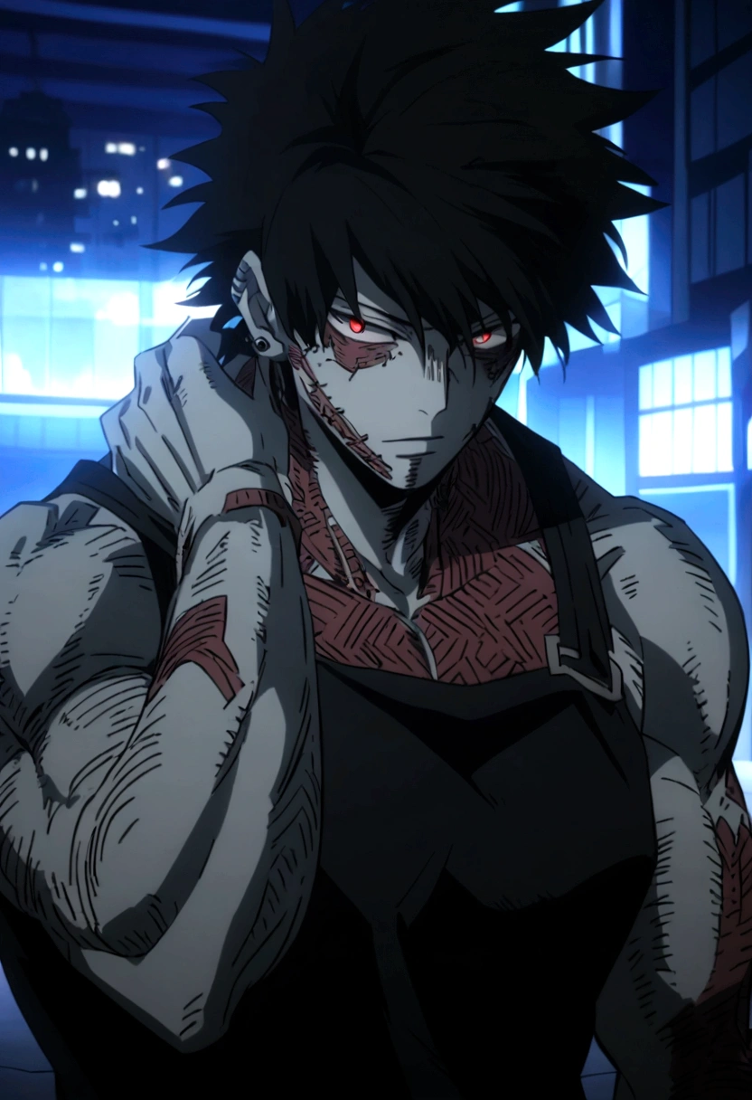 an anime-style male character with a muscular and defined torso. The character has a distinctive hairstyle with spiky black hair with red highlights, white skin tone, and light red eyes that give off an intense and focused expression. You can see them on her face and shoulders. She wears small black earrings and tattoos on her neck. The background features a nighttime urban environment with out-of-focus lights, suggesting a city atmosphere. The overall mood of the image is dark and dramatic.