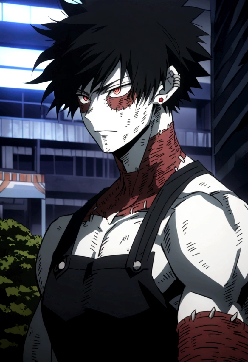 an anime-style male character with a muscular and defined torso. The character has a distinctive hairstyle with spiky black hair with red highlights, white skin tone, and light red eyes that give off an intense and focused expression. You can see them on her face and shoulders. She wears small black earrings and tattoos on her neck. The background features a nighttime urban environment with out-of-focus lights, suggesting a city atmosphere. The overall mood of the image is dark and dramatic. 