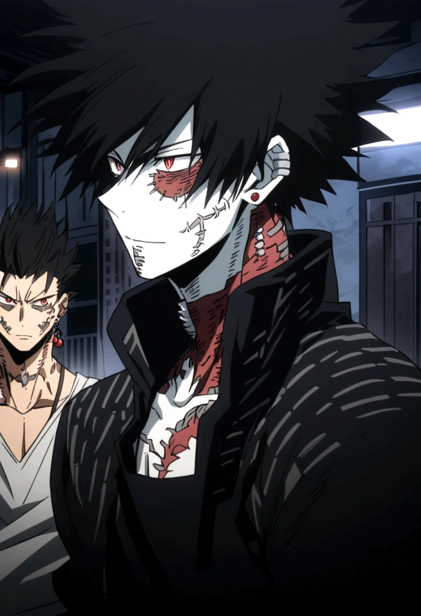 an anime-style male character with a muscular and defined torso. The character has a distinctive hairstyle with spiky black hair with red highlights, white skin tone, and light red eyes that give off an intense and focused expression. You can see them on her face and shoulders. She wears small black earrings and tattoos on her neck. The background features a nighttime urban environment with out-of-focus lights, suggesting a city atmosphere. The overall mood of the image is dark and dramatic. 