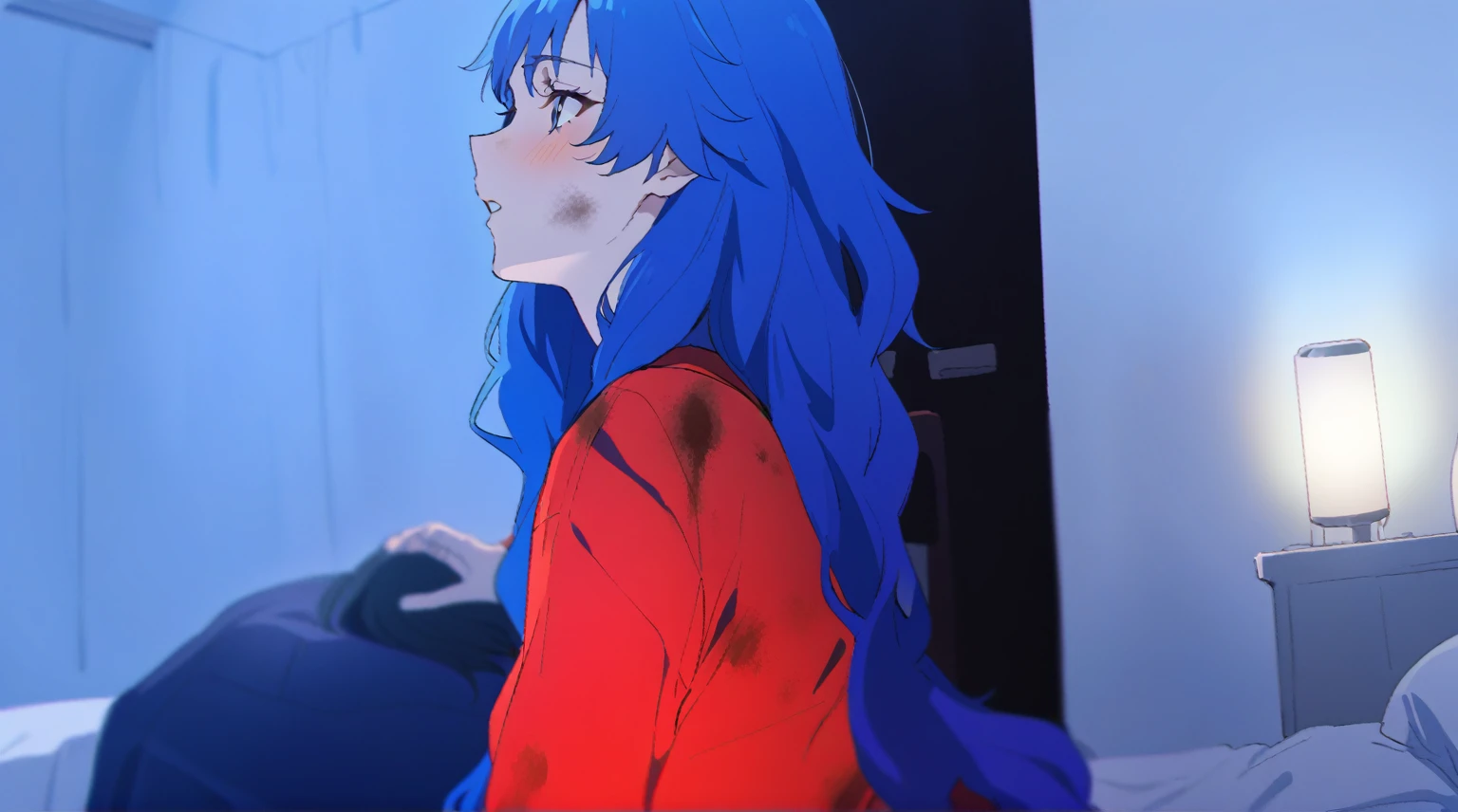 {{{sincos (sincos)}}}, Arafed woman with blue hair and red shirt sits on the bed, very long blue hair, long azure blue hair, very long wavy azure blue hair, beautiful Asuka from Evangelion, flowing blue hair, long blue hair, long flowing blue hair, blue long hair, Dirty blue hair, Asuka from Evangelion, blue and red tones