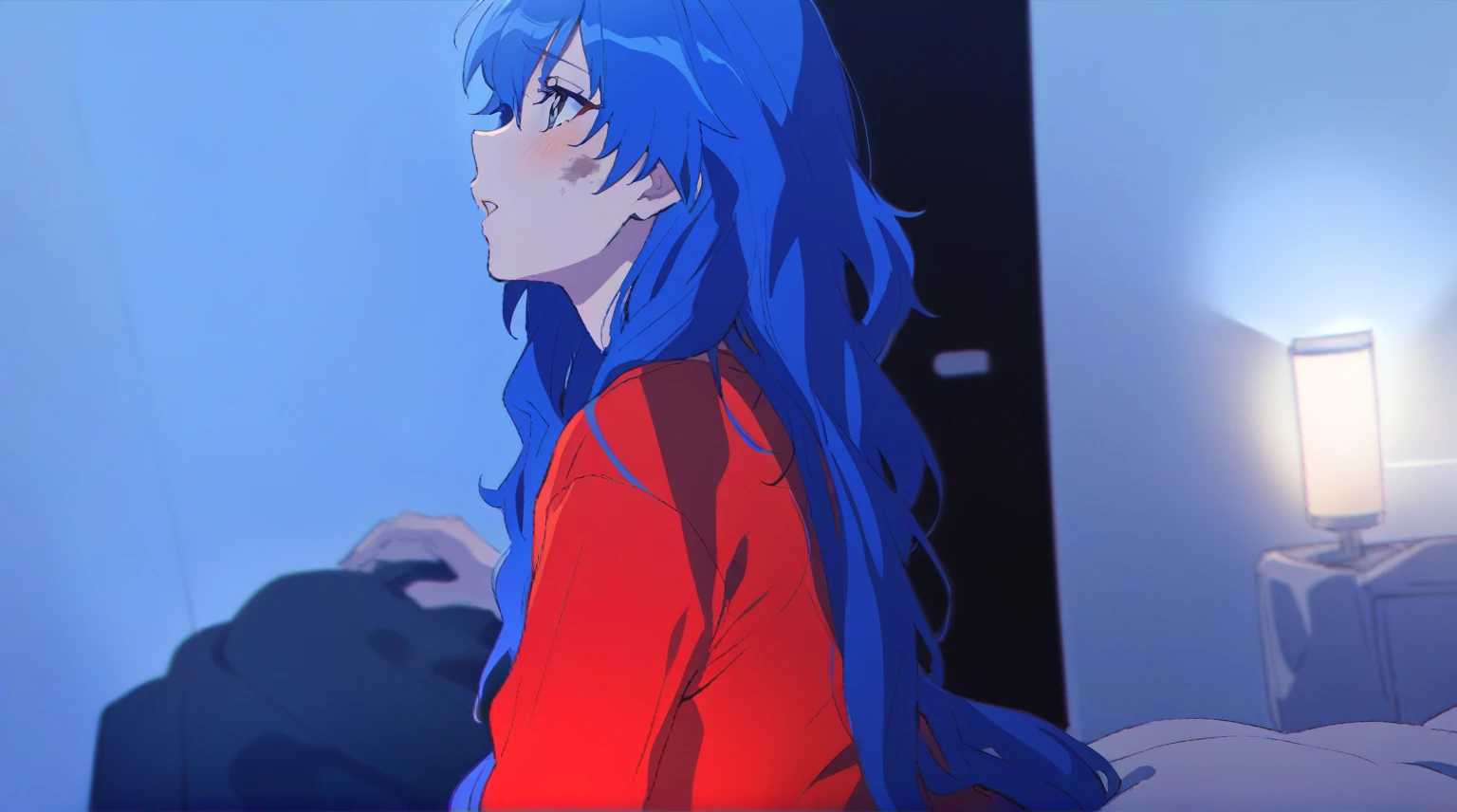 {{{sincos (sincos)}}}, Arafed woman with blue hair and red shirt sits on the bed, very long blue hair, long azure blue hair, very long wavy azure blue hair, beautiful Asuka from Evangelion, flowing blue hair, long blue hair, long flowing blue hair, blue long hair, Dirty blue hair, Asuka from Evangelion, blue and red tones