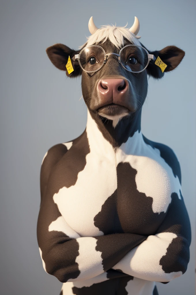 a cow wearing glasses with crossed arms, porem, algo realista sem ser em 3D