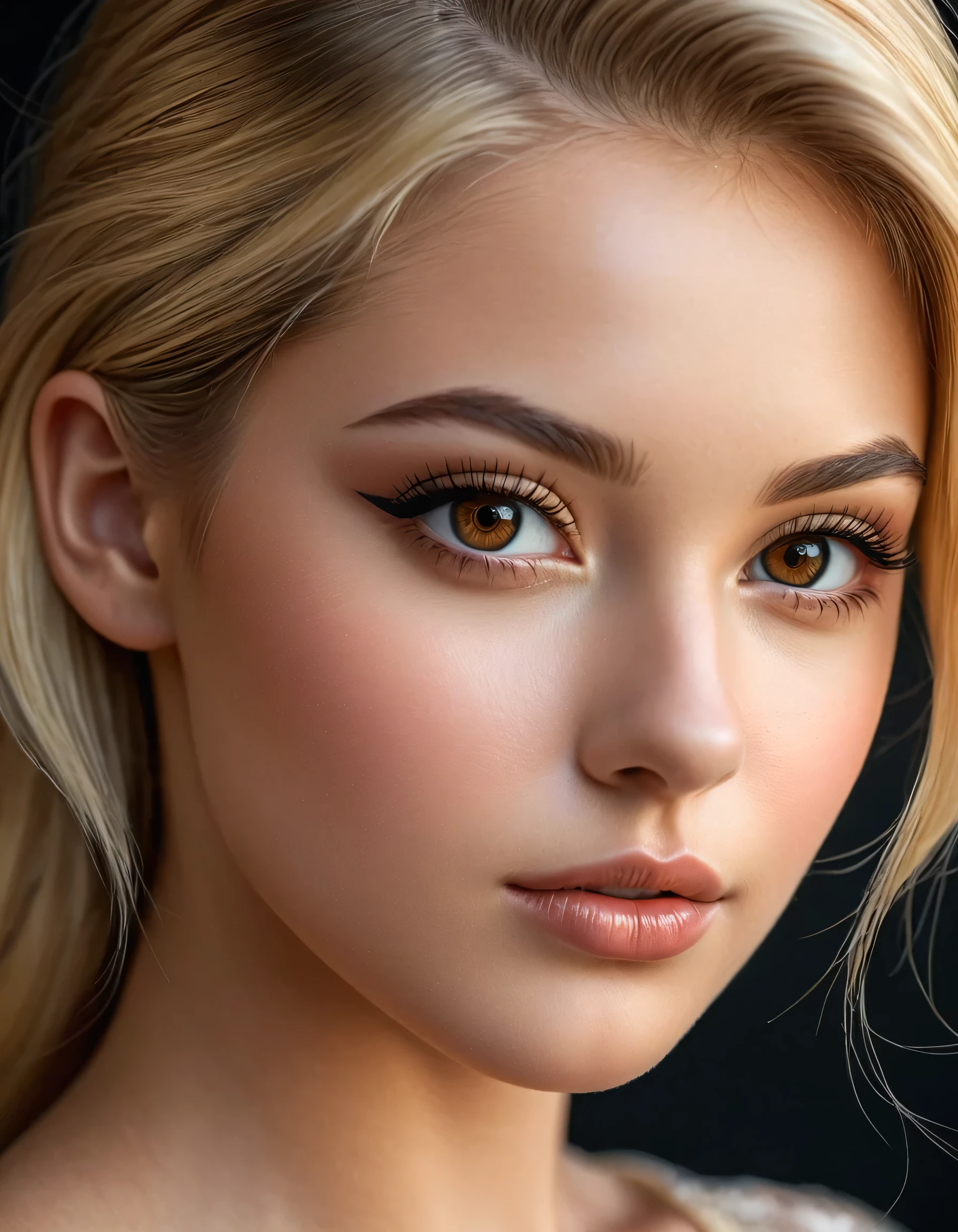 (intricately detailed portrait:1.15), ((best soft studio lighting:1.2)), (1girl:1.3, 20-year-old), Realism, (high resolution), (high quality realistic texture skin),(highest quality realistic texture hair), ((blonde hair, (slicked up one side), ultra detailed:1.32)), ((perfect proportions)),((anatomically correct)), ((firm and full breasts:1.21)),((the most absurd quality perfect eyes)), (intricately detail beautiful face), (light pale complexion), ((ultra intricately detailed perfect round realistic black-brown_eyes)), finely detailed pupils, detailed lips,