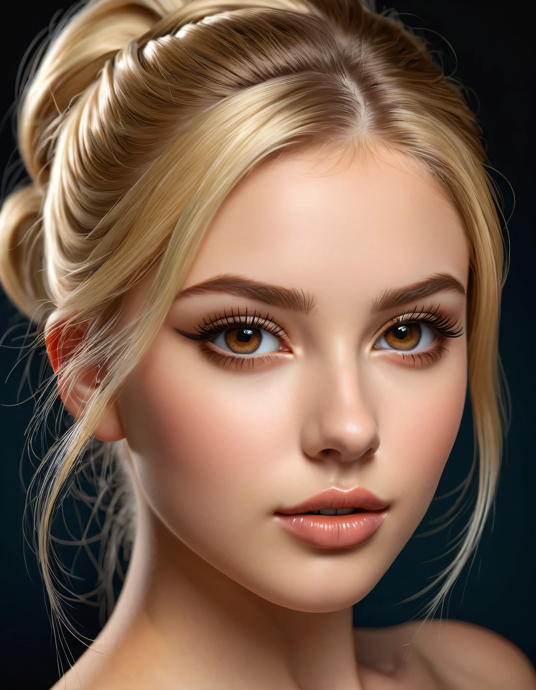 (intricately detailed portrait:1.15), ((best soft studio lighting:1.2)), (1girl:1.3, 20-year-old), Realism, (high resolution), (high quality realistic texture skin),(highest quality realistic texture hair), ((blonde hair, (slicked up one side), ultra detailed:1.32)), ((perfect proportions)),((anatomically correct)), ((firm and full breasts:1.21)),((the most absurd quality perfect eyes)), (intricately detail beautiful face), (light pale complexion), ((ultra intricately detailed perfect round realistic black-brown_eyes)), finely detailed pupils, detailed lips,