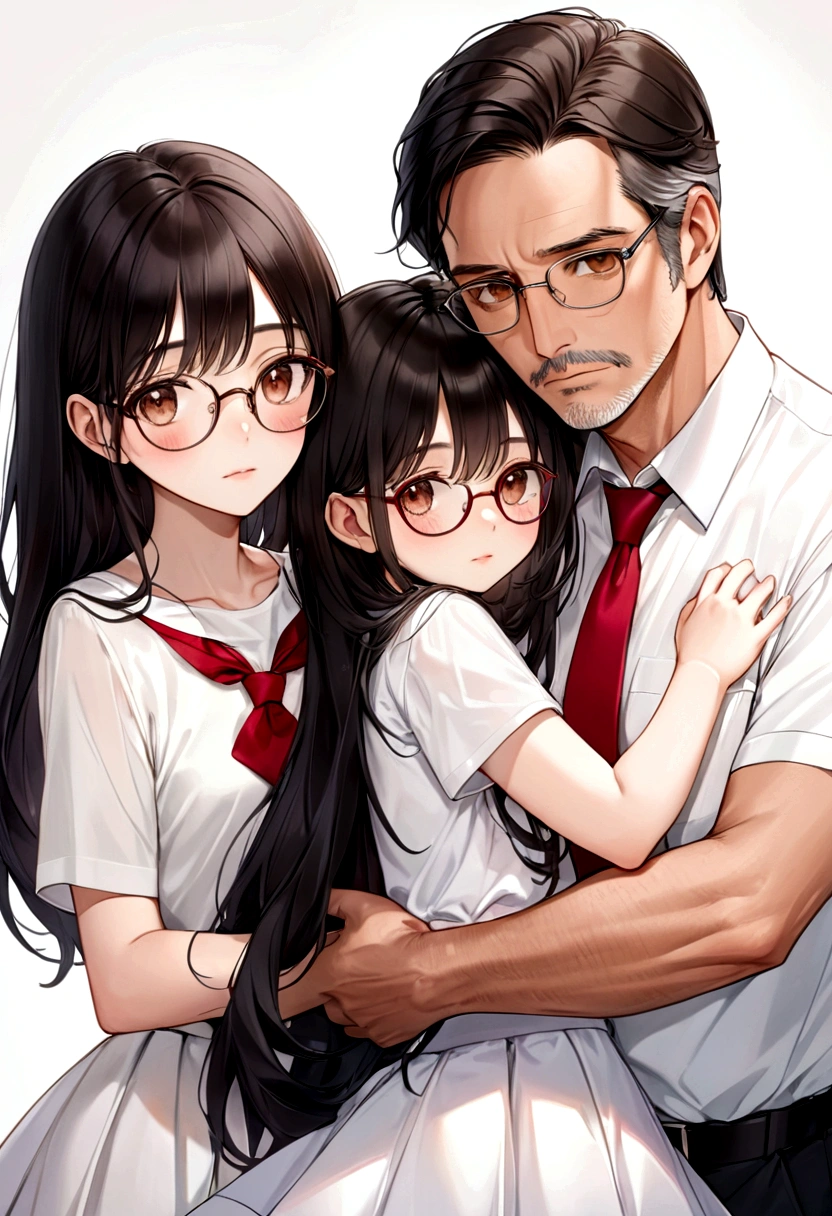 Draw an 11-year-old girl with long black hair, Brown eyes, White t-shirt with red tie and white skirt hugging her 40-year-old black-haired dad,piel medio morena,que use lentes,de Brown eyes y que este vestido de mesero