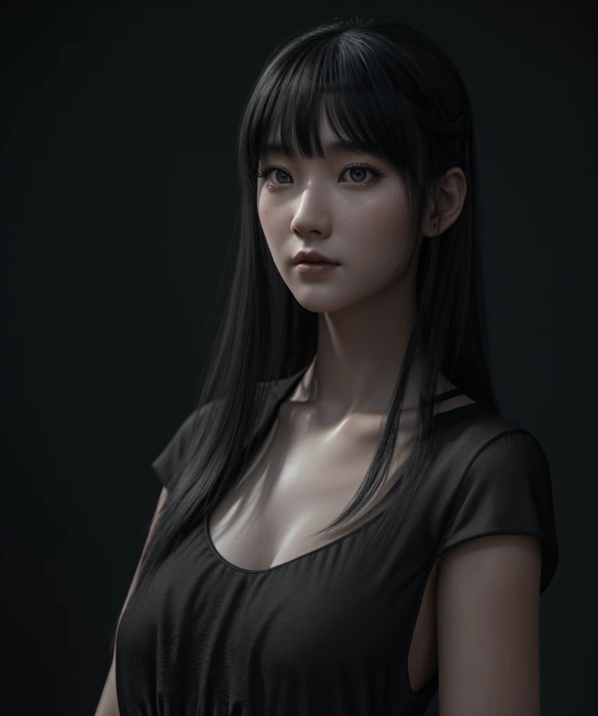 a mongolian princess girl,bangs black hair,standing,looking at to the viewer,(Very Detailed: 1.3),ultra realistic,HDR,(High Dynamic Range),ray tracing,nvidia RTX,super resolution,unreal 5,subsurface scattering,PBR texture,post-processing,anisotropic filtering,depth of field,maximum sharpness and sharpness,multi-layer texture,specular and albedo mapping,surface shading,perfect proportions,octane rendering,duotone lighting,low ISO,white balance,8K RAW,(((1GIRL))),(((wearing black dress))),sad face,(((gray background))),masterpiece,best quality