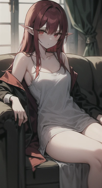 Hell fortress life, Old world, demon Elf Queen, red hair, nightgown, sofa, lounging, dim light,