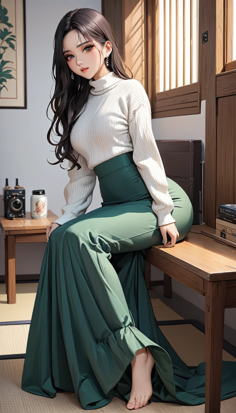 (masterpiece,highest quality,超A high resolution),Japanese women, (((Very beautiful 25 year old girl))),Long sleeve sweater、((A mermaid-style high-waisted long skirt))、The length of the skirt is up to the ankle、