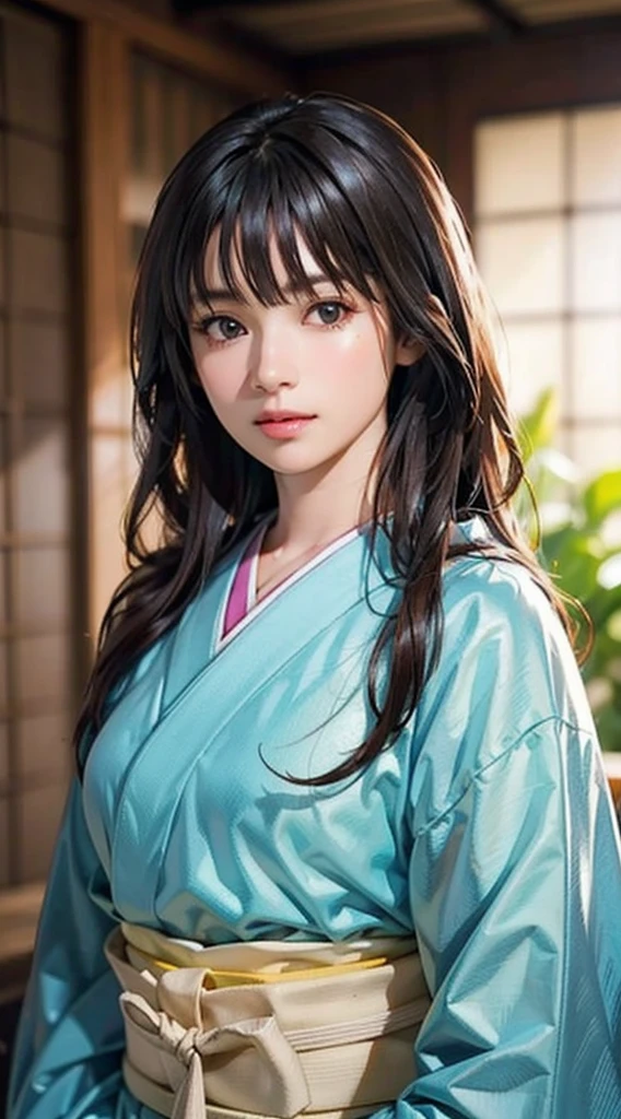 (Realistic)、(Realistic:1.2)、(High resolution)、Very detailed、Very beautiful face and eyes、1 girl、Delicate body、(highest quality、Attention to detail、Rich skin detail)、(highest quality、8k、Oil paint:1.2)、Very detailed、(Realistic、Realistic:1.37)、Bright colors、Full Body Shot,black_hair, Beautiful 8k eyes,Looking_in_Audience,One person in,Are standing,((Very beautiful woman, Fuller lips, Japanese pintern kimono))、((Colorful Japanese kimono)))、(((blackhair)))、(((Blunt bung,long straight hair)))、((( Inside an old Japanese house with a (short focus :1.4),)))、(masterpiece, highest quality, highest quality, Official Art, beautifully、aesthetic:1.2),(Fractal Art:1.3),Sengoku period、Greg Rutkowski Written by Alphonse Mucha Ropp,short ,uchikake,nishijin ori,(realistic light and shadow), (real and delicate background),(muted colors, dim colors, soothing tones:1.3), low saturation, (hyperdetailed:1.2), (noir:0.4),drow,blurry_light_background, (vibrant color:1.2), cinematic lighting, ambient lighting,Single Shot,Shallow Focus,pink lip,blurry light background,