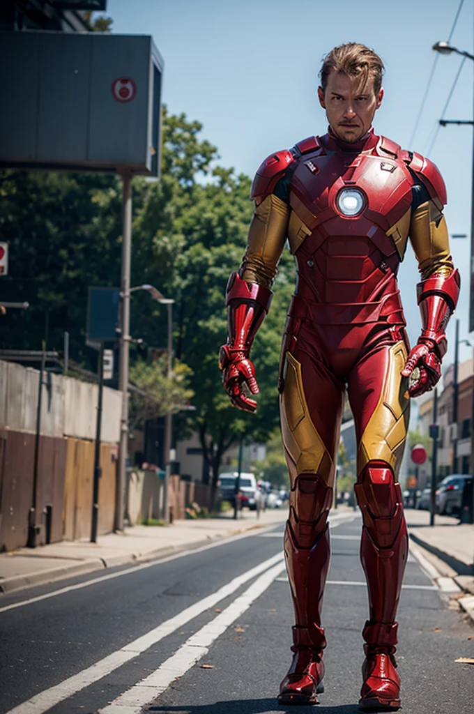 Poster for the film &quot;Iron Man&quot;.A young man,sports,in a red and gold jumpsuit,There is a helmet on his head,standing on the road.