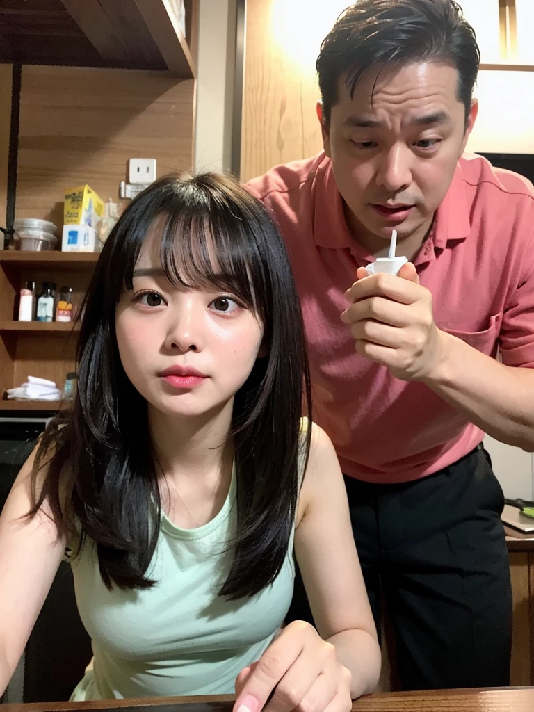 "Create an image depicting a scene from a movie where a (middle-aged man, cutter shirt) and his ((middle school daughter,,drug addiction,drug dependence love)) are ((enjoying stimulant, risky drugs powder medicine)) and ((stimulant injection drugs)) in a cozy izakaya. The setting should reflect the warm, intimate atmosphere of a traditional Japanese pub, with the characters appearing casual and happy injection drugs."((Teach your daughter about drug abuse,make drug dependence))