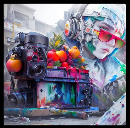 painting of a man with a camera and a pile of fruit, neon color mixed media painterly, 8 0's airbrush aesthetic, mixed - media, acrylic and spraypaint, hd 3d mixed media collage, hd mixed media 3d collage, inspired by Clarence Holbrook Carter, inspired by Rudolf Hausner, mixed media, in style of digital painting