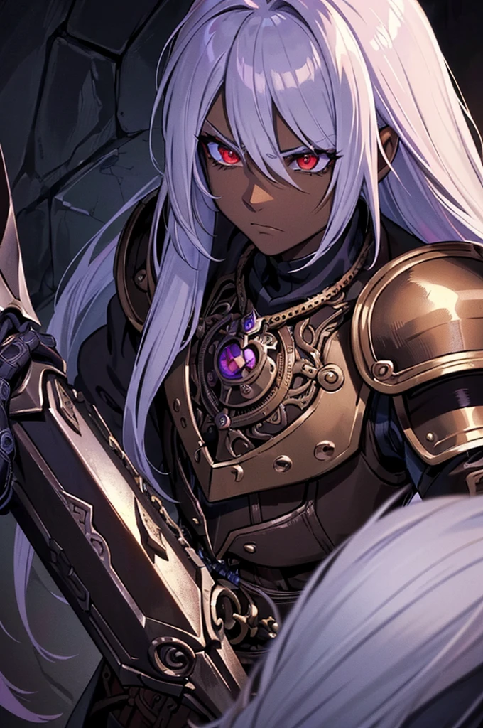 ((best quality)), ((masterpiece)), (detailed), ((boy)), (mix between steampunk and dungeonpunk), drow, upper body, portrait, red eyes, long white hair, Xemnas from Kingdom Hearts, half-drow, dark skinned, (full knight armor), paladin, serious face, dramatic lighting, dungeons and dragons character, purple theme, bronze and black armor, perfect eyes